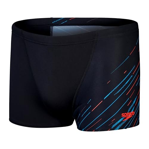 Speedo Hyperboom Aquashort mit V-Schnitt | Schnelltrocknend | Training | Fitness | Chlorbeständig für Herren, Schwarz, Picton-Blau, Sirenenrot, 34 von Speedo