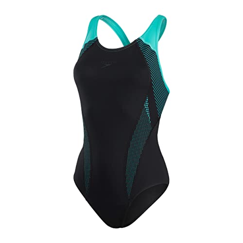 Speedo Damen Plastisol Laneback Badeanzug , Schwarz/Tile , 32 von Speedo