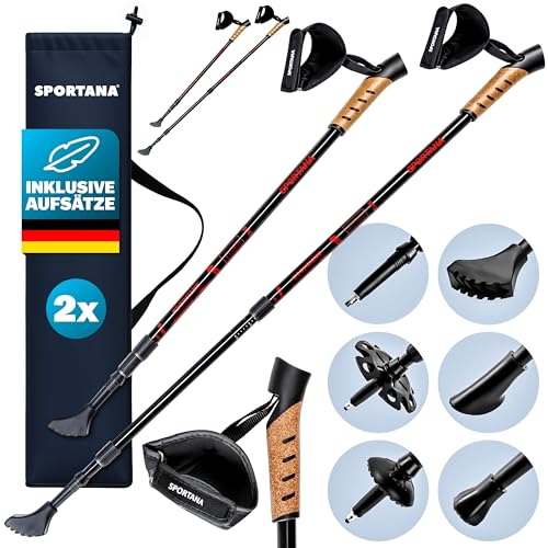 SPORTANA® Nordic Walking Stock Teleskopstock 5 Aufsätze Anti-Shock Federung Wandern Wanderstöcke Trekkingstöcke Rot 2er Set von Sportana