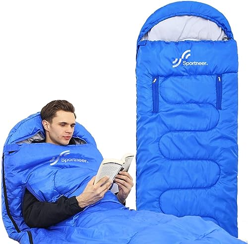 Schlafsack, Sportneer Anziehbarer Deckenschlafsäcke 220 x 84 cm tragbarer 4-Jahreszeiten-Schlafsack mit Reißverschluss für Arme und Füße, für Erwachsene Camping Wandern Reisen, Blau von Sportneer