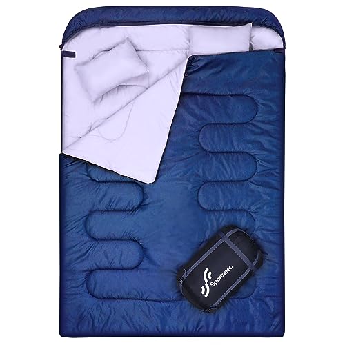 Schlafsack Outdoor: Sportneer Schlafsäcke 2 Personen Doppelschlafsack 220x150cm, 3.5kg mit 2 Kissen, Vier Doppel Zippern, Erwachsene Deckenschlafsack für Familie, Blau von Sportneer