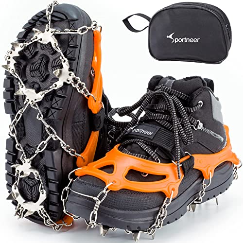 Sportneer Steigeisen Eisstollen Traktion, 19 Spikes Edelstahl Anti-Rutsch EIS Schnee Grips für Schuhe Stiefel, Sicherer Schutz für Gehen, Joggen, Klettern, Angeln, Bergsteigen, Wandern, Orange, L von Sportneer