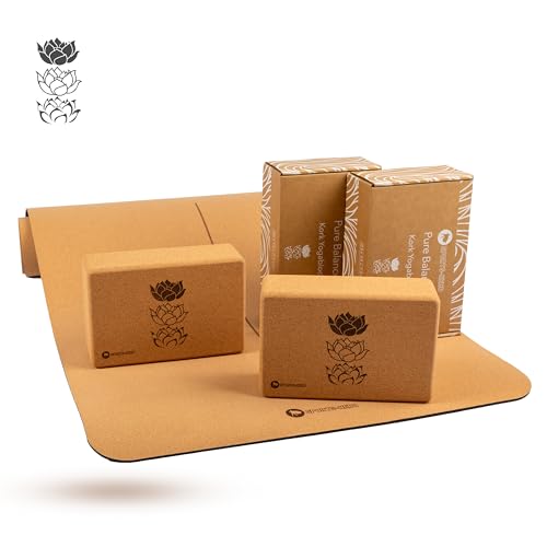 SPORTS-HERO® - Yoga 3er Set Kork - Yogamatte Kork - Yoga Matte Kork rutschfest - 2x Yoga Block aus Naturkork für Yoga und Pilates - 100% nachhaltig & schadstofffrei von Sports-Hero