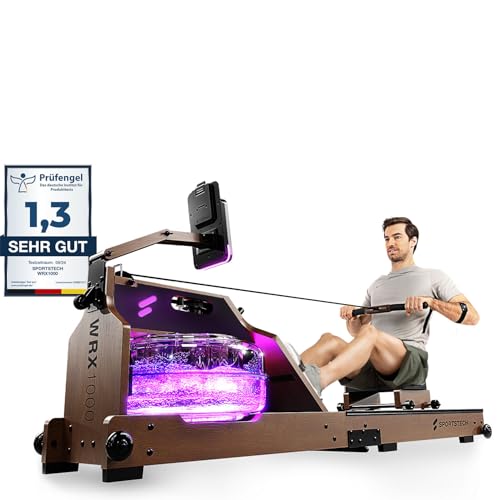 Sportstech Premium Wasser-Rudergerät mit LED-Wassertank, klappbar, App mit Workout Kursen+ Tablethalterung, Natur-Massivholz Rudermaschine Rower für zuhause WRX1000 von Sportstech