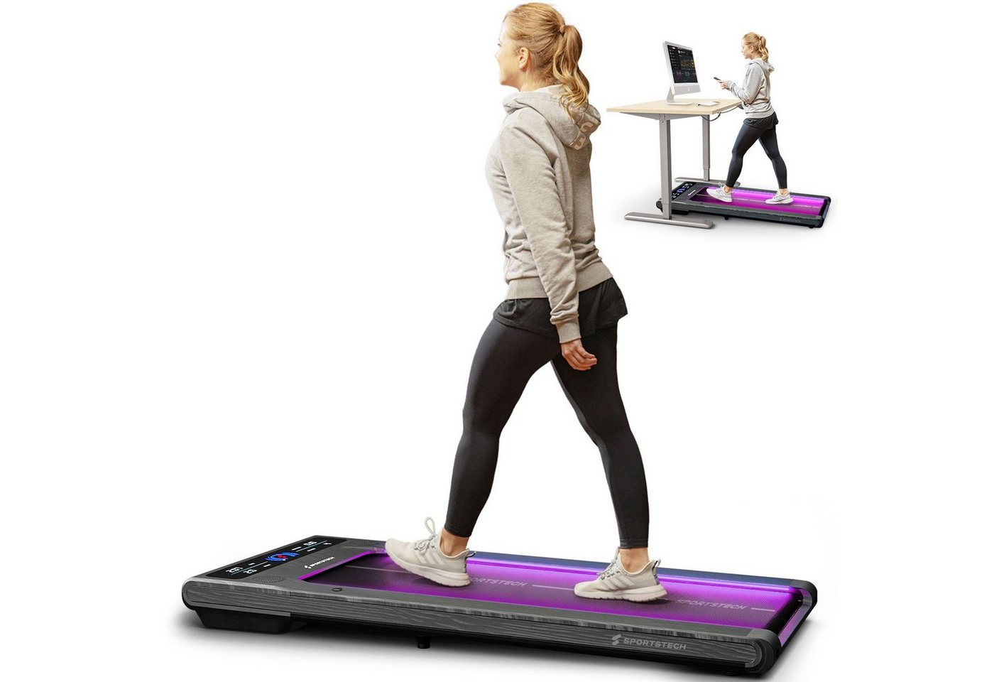 Sportstech Laufband sWalk (Sicherheitsclip, Anpassbare LED-Ambientebeleuchtung), 1-6 km/h mit LED, interaktivem LCD-Display & App Verbindung von Sportstech