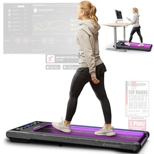 sWalk Walking Pad Laufband mit LED - 1-6 km/h Geschwindigkeit mit interaktivem LCD-Display & App Verbindung - Flexibles Under Desk Schreibtisch Treadmill für Zuhause & Büro - Deutsche Qualitätsmarke von Sportstech