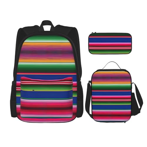 Bunte mexikanische Streifen, 3 Rucksäcke, 40,6 cm, Vorschule, Schultasche und Lunchbox für Grundschulkinder, Schwarz , Einheitsgröße, Schulranzen-Set von StOlmx