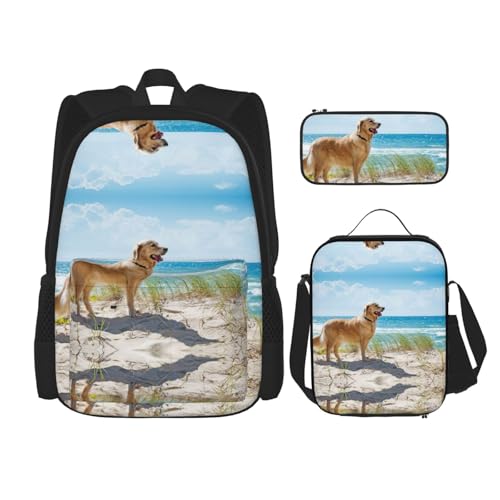 Golden Retriever 3 Rucksäcke 40,6 cm Vorschule Schule Büchertasche und Lunchbox für Grundschulkinder, Schwarz , Einheitsgröße, Schulranzen-Set von StOlmx