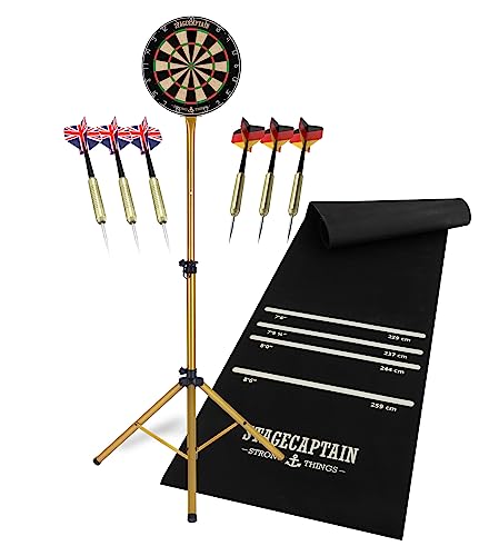Stagecaptain DBS-1715 Bullseye Pro Dartscheibe Komplett Set - Profi Steeldartscheibe aus Sisal - Dartteppich aus Gummi - Höhenverstellbarer Ständer - 6 Dartpfeile und 4 Sets Flights - Gold Stagecaptain DBS-1715 Bullseye Pro Dartscheibe Komplett Set - Profi Steeldartscheibe aus Sisal - Dartteppich aus Gummi - Höhenverstellbarer Ständer - 6 Dartpfeile und 4 Sets Flights - Gold von Stagecaptain
