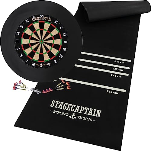 Stagecaptain DBS-1715C BullsEye Champion Dartscheibe mit Pfeilen - Profi Steeldartscheibe aus Sisal mit 6 Dartpfeilen und 4 Sets Flights - Dartboard mit dünnen Drähten - Set inkl. Dartmatte & Surround von Stagecaptain