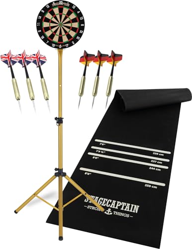 Stagecaptain DBS-1715C Bullseye Champion Dartscheibe Komplett Set - Profi Steeldartscheibe aus Sisal - Dartteppich aus Gummi - Höhenverstellbarer Ständer - 6 Dartpfeile und 4 Sets Flights - Gold von Stagecaptain