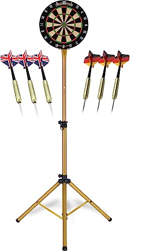 Stagecaptain DBS-1715C GD Bullseye Champion Dartscheibe Komplett Set Gold - Profi Steeldartscheibe aus Sisal - Stufenlos höhenverstellbarer Ständer aus Stahl - 6 Dartpfeile und 4 Sets Flights Stagecaptain DBS-1715C GD Bullseye Champion Dartscheibe Komplett Set Gold - Profi Steeldartscheibe aus Sisal - Stufenlos höhenverstellbarer Ständer aus Stahl - 6 Dartpfeile und 4 Sets Flights von Stagecaptain
