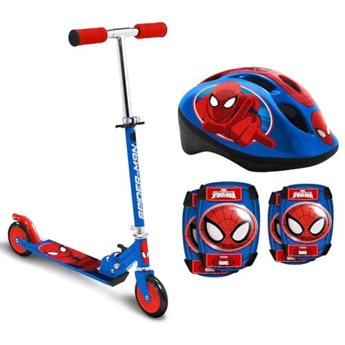 STAMP - ZUSAMMENKLAPPBARER Scooter - SPIDERMAN & Helm mit einstellbaren Tailleneinstellungen + ELLBOGEN und KNIESCHÜTZER - SPIDERMAN von Stamp