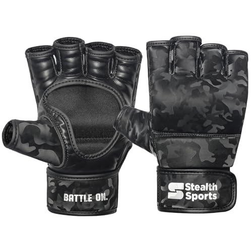 Stealth Sports MMA-Handschuhe für Männer und Frauen, 12 mm dickes PU-Leder, offene Handfläche, Grappling-Handschuhe, Muay Thai, Kickboxen, Sparring, Boxsack, Boxen, Training, Kampfsport (Tarnung) (M) von Stealth Sports