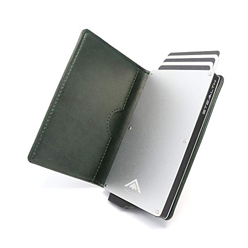 Stealth Wallet RFID Kartenportmonai Herren - Minimalistische Pop-Up-Portemonnaies mit Geschenkbox - Leichte Metall-Kreditkartenhalter für Männer (Silbernes Aluminium, Grünes Leder) von Stealth Wallet