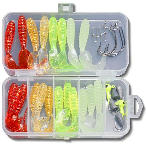 Steinn Gummifisch Set mit Haken und Offset Jigköpfe Angel Köder Set Barsch Zander Hecht in Box (32pc-Texas Rig) von Steinn