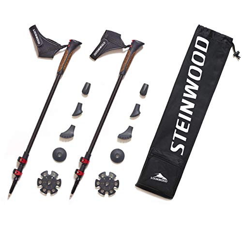 Steinwood Premium 100% Carbon Nordic Walking Stöcke verstellbar mit Teleskop und Klemmverschluss mit extra Gummipuffer und Tragebeutel, Mehrfarbig von Steinwood