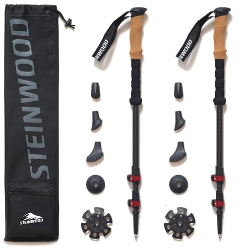 Steinwood Premium Carbon Wanderstöcke Teleskop - Trekkingstöcke Damen & Herren - Wanderstock Carbon Ultraleicht mit Kork-Griff und Gummipuffer Set von Steinwood