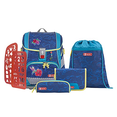 Step by Step Schulranzen-Set 2IN1 Plus „Rainbow Colibri“ 6-teilig, blau, ergonomischer Tornister mit Reflektoren, höhenverstellbar mit Hüftgurt für Mädchen ab der 1. Klasse, 19L von Step by Step