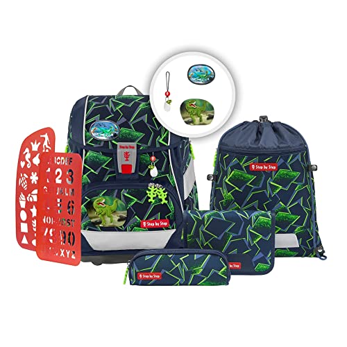 Step by Step Schulranzen-Set 2IN1 Plus „Wild T-Rex Taro“ 6-teilig, ergonomischer Tornister, höhenverstellbar mit Hüftgurt, für die Grundschule, ab der 1. Klasse, 19L, grün-schwarz, Dino-Design von Step by Step