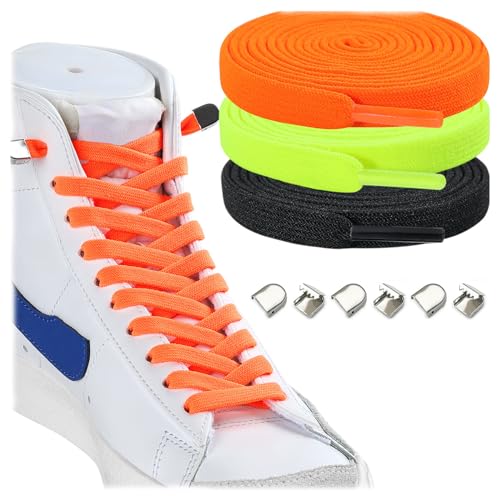 Stepace 3 Paar Flache Elastische Schnürsenkel für Sneaker, 8 mm Breit Elastische Schnürsenkel ohne Binden für Kinder und Erwachsene Schwarz Orange Neongrün 140 von Stepace