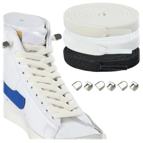 Stepace 3 Paar Flache Elastische Schnürsenkel für Sneaker, 8 mm Breit Elastische Schnürsenkel ohne Binden für Kinder und Erwachsene Schwarz Weiß Off White 160 von Stepace