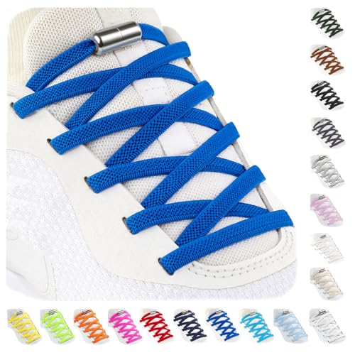 Stepace Elastische Schnürsenkel mit Metallkapseln, Schnürsenkel ohne binden für Kinder Erwachsene Sneaker, 2 Paar flach, mit Drehverschluss Blau von Stepace