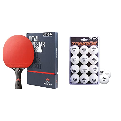 STIGA Royal 5 Sterne Tischtennis Schläger Pro Carbon & GEWO Tischtennisbälle Training 40+ - 3 Sterne Tischtennis-Ball aus ABS Plastik mit Naht - Durchmesser 40+mm, 12 Stück von Stiga