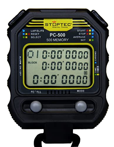 Stoptec Stoppuhr PC-500 (500 Memory Speicher|Uhrzeit & Datum|Dualtimer) - Digital Profi Stoppuhr mit Druckpunktmechanik | spritzwasserfest |Trainer von Stoptec