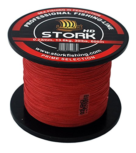 Stork HD, 4-Fach geflochtene Angelschnur 600m (Rot, 15 lbs / 6.8kg / 0.15 mm) von Stork