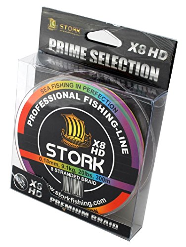 Stork HDx8, 8-Fach geflochtene premium Angelschnur 300m (Multicolor, 20 lbs / 9.1 kg / 0.18 mm) von Stork