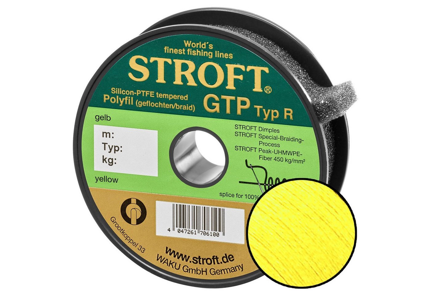 Stroft Angelschnur STROFT GTP Typ R Geflochtene Angelschnur 125m gelb, 125 m Länge, 0.18 mm Fadendurchmesser, (1-St), 5.5kg Tragkraft von Stroft