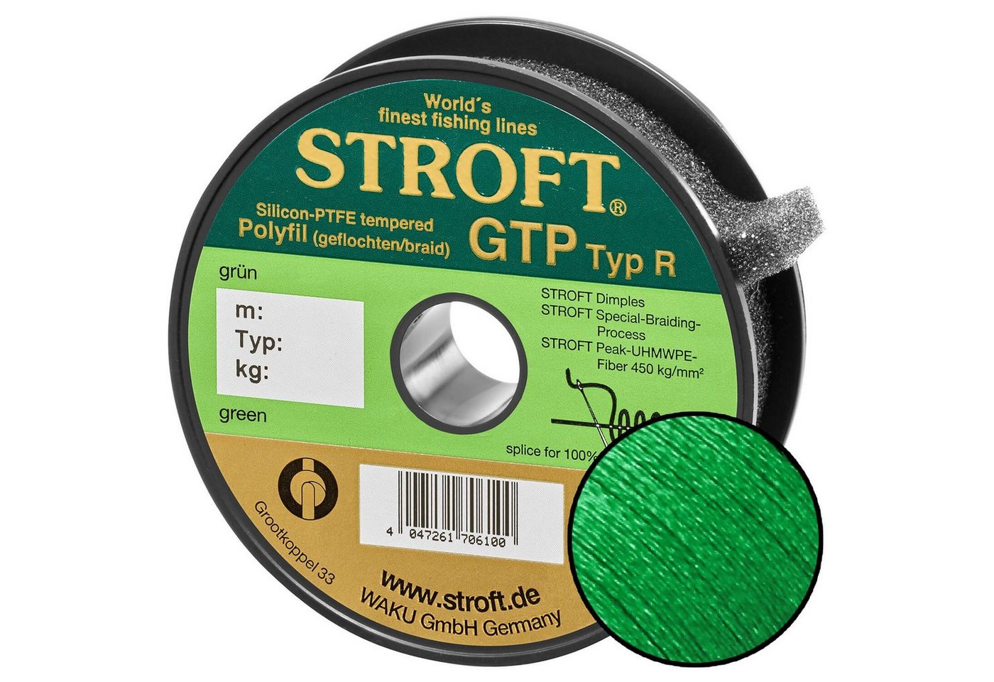 Stroft Angelschnur STROFT GTP Typ R Geflochtene Angelschnur 125m grün, 125 m Länge, 0.30 mm Fadendurchmesser, (1-St), 18.0kg Tragkraft von Stroft