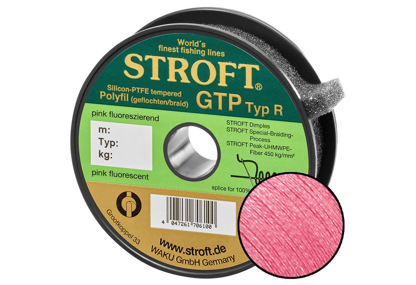 Stroft Angelschnur STROFT GTP Typ R Geflochtene Angelschnur 300m pink fluor, 300 m Länge, 0.20 mm Fadendurchmesser, (1-St), 7kg Tragkraft von Stroft
