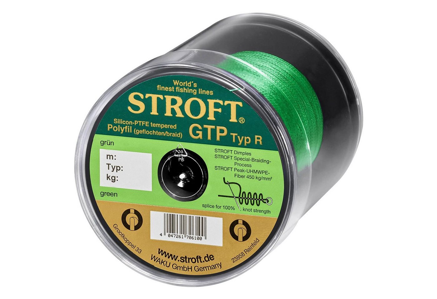 Stroft Angelschnur STROFT GTP Typ R Geflochtene Angelschnur 400m grün, 400 m Länge, 0.22 mm Fadendurchmesser, (1-St), 9.0kg Tragkraft von Stroft