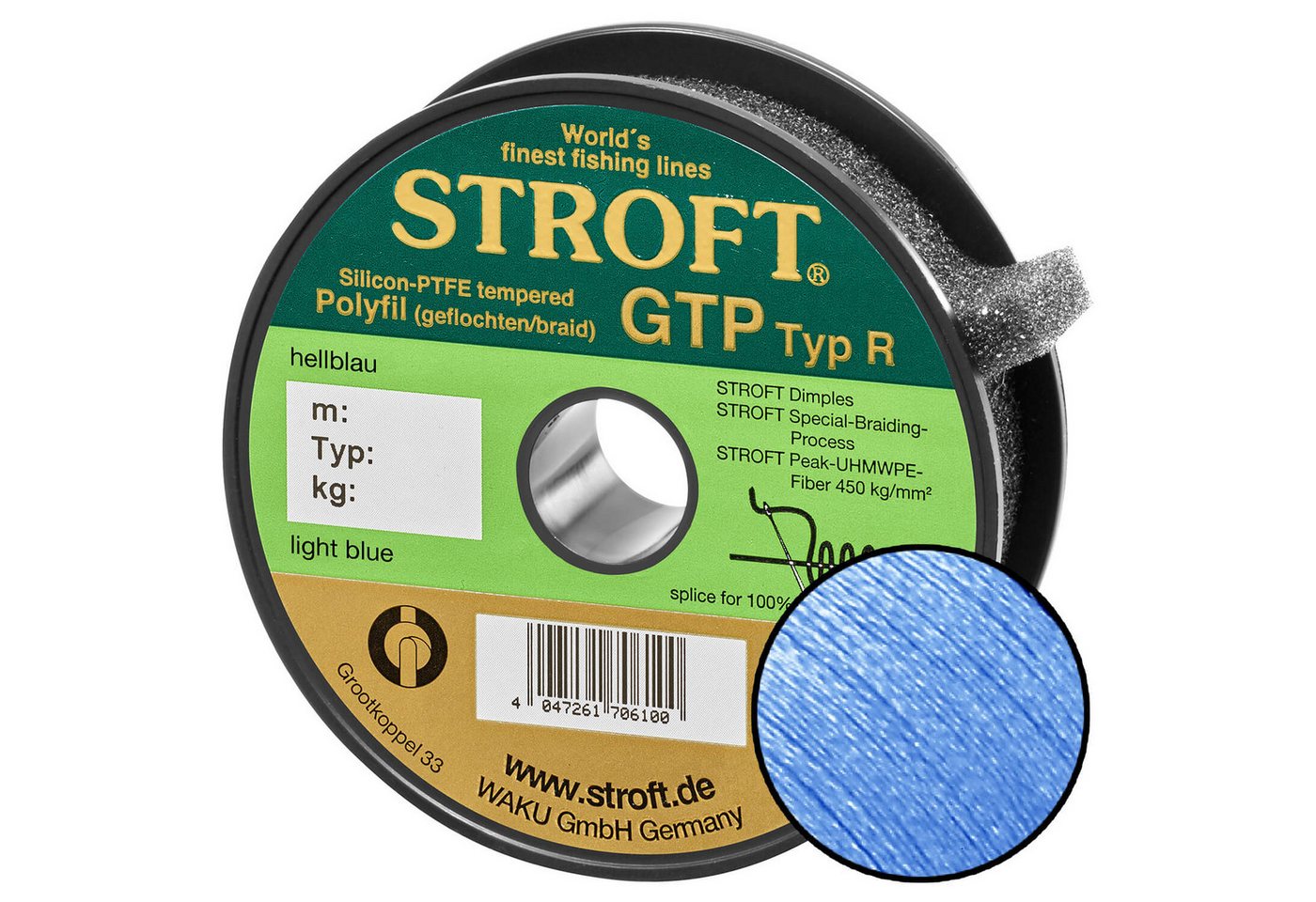 Stroft Angelschnur Schnur STROFT GTP Typ R Geflochtene 250m hellblau, 250 m Länge, 0.22 mm Fadendurchmesser, (1-St), 9kg Tragkraft von Stroft