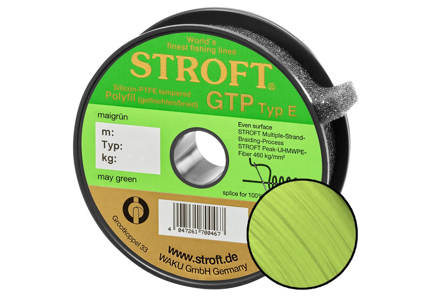 Stroft Angelschnur Stroft Schnur GTP Typ E geflochten maigrün 100m, 100 m Länge, 0.20 mm Fadendurchmesser, (1-St), 7,5kg Tragkraft von Stroft