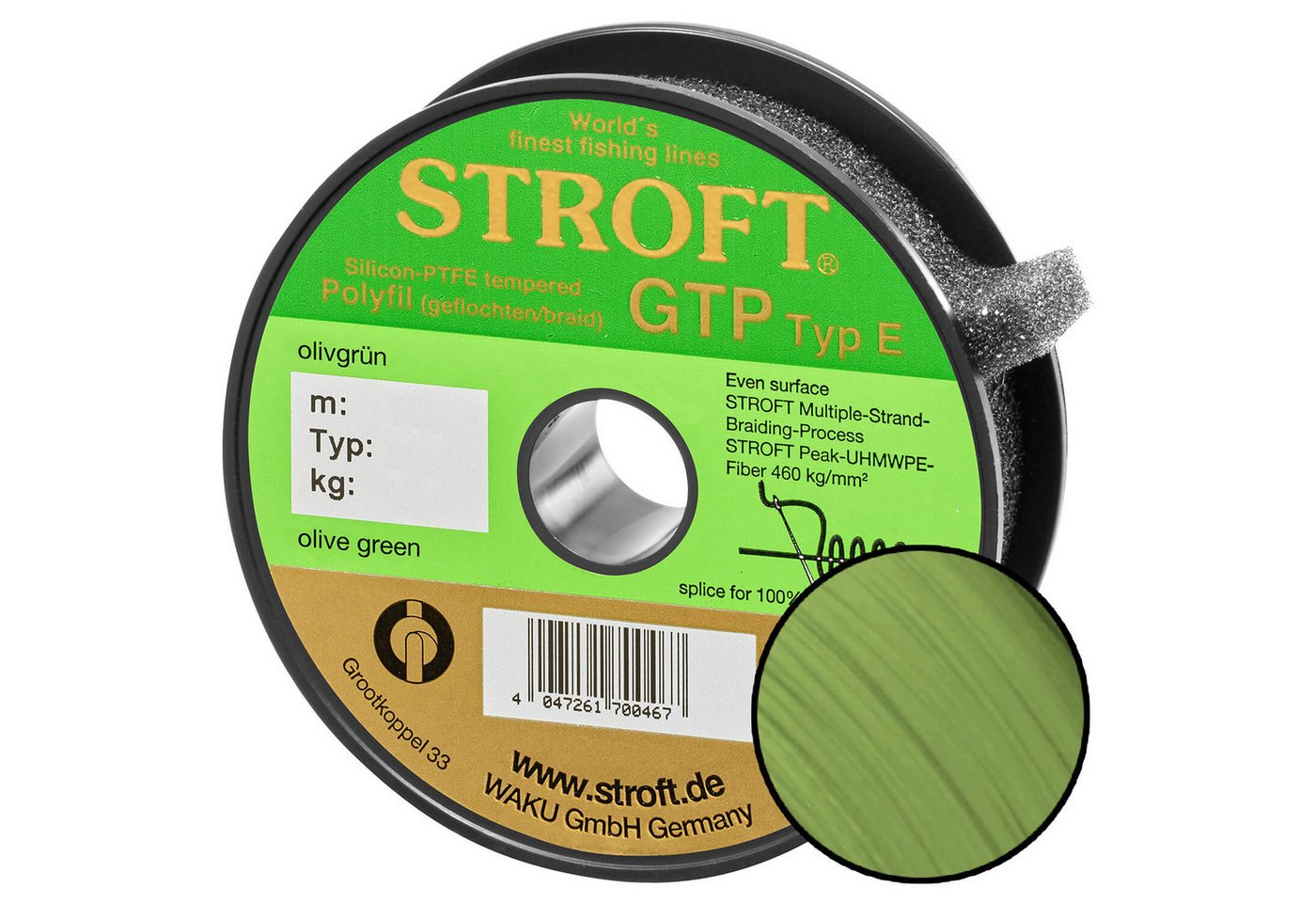 Stroft Angelschnur Stroft Schnur GTP Typ E geflochten olivgrün 100m, 100 m Länge, 0.30 mm Fadendurchmesser, (1-St), 19kg Tragkraft von Stroft