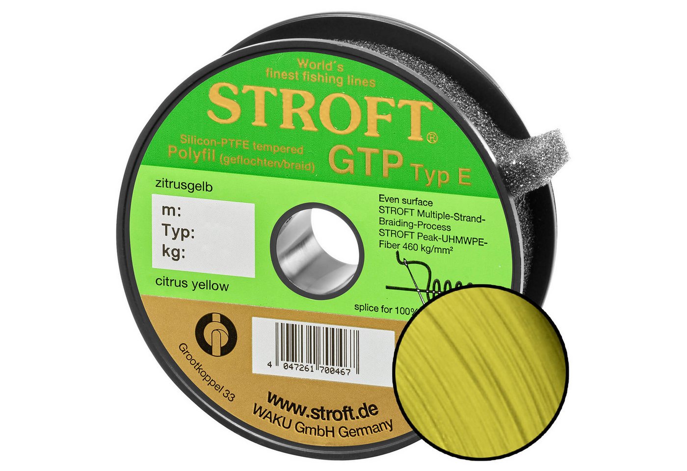 Stroft Angelschnur Stroft Schnur GTP Typ E geflochten zitrusgelb 100m, 100 m Länge, 0.25 mm Fadendurchmesser, (1-St), 12kg Tragkraft von Stroft