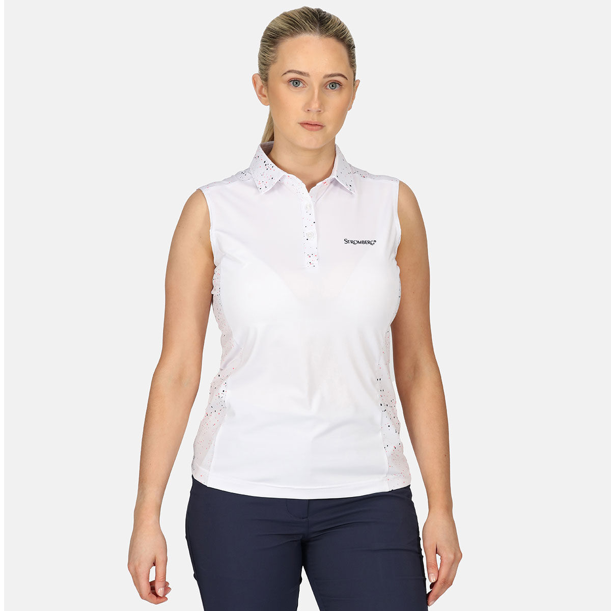 Stromberg Womens Splatter Print Sleeveless Golf Polo Shirt, Female, White, 14 | American Golf von Stromberg