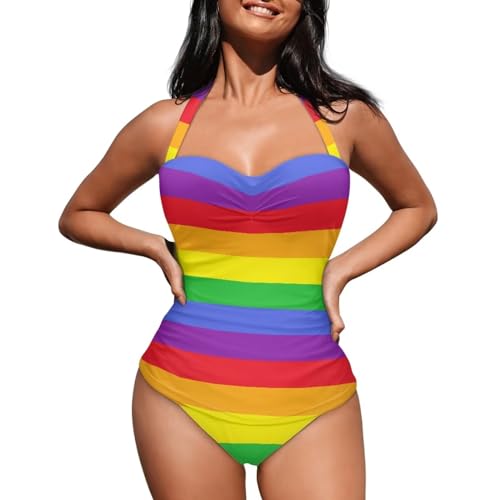 Suhoaziia Rainbow Stripe Damen Einteiler Badeanzüge Bauchkontrolle Ausschnitt Hohe Taille Badeanzug LGBT Pride Wrap Tie Back Einteiler Badeanzug von Suhoaziia