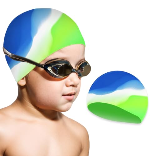 Summshall Badekappe Kinder, Silikon Bequeme Schwimmkappe für Jungen und Mädchen UV Schutz Wasserdicht Schwimmhaube Badekappen für Schwimmer Passform für Langes und Kurzes Haare von Summshall