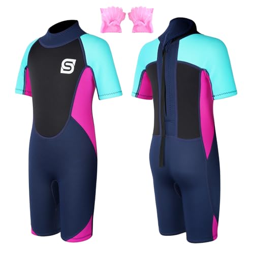 Summshall Neoprenanzug Kinder mit Schwimmflügel 2.5mm Shorty Neopren Kinder Neoprenanzug Kurz Wärmender Neoprenanzüge Thermal Badeanzug für Mädchen und Jungen zum Tauchen, Schwimmen, Surfen von Summshall