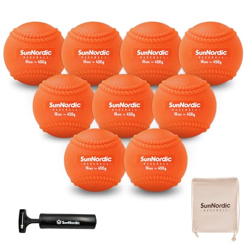 SunNordic Plyo Bälle Baseball für verbessertes Kraft- und Pitching-Training, gewichtete Trainings-Basebälle für alle Fähigkeitsstufen (9er-Pack, Orange (Nähte)) von SunNordic