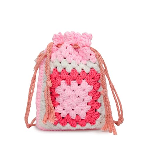 Handmade Crochet Crossbody Bag für Frauen gewebt Schulter Handtasche Geldbörse Drawstring Phone Bag (Rosa,Einheitsgröße) von Suncadmious