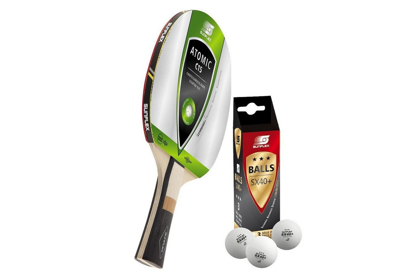 Sunflex Tischtennisschläger 1x Atomic C15 + 3x SX+ Bälle, Tischtennis Schläger Set Tischtennisset Table Tennis Bat Racket Sunflex Tischtennisschläger 1x Atomic C15 + 3x SX+ Bälle, Tischtennis Schläger Set Tischtennisset Table Tennis Bat Racket von Sunflex