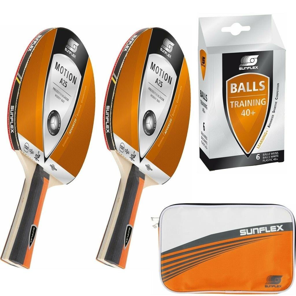 Sunflex Tischtennisschläger 2x Motion A25 + Protect Hülle + Bälle, Tischtennis Schläger Set Tischtennisset Table Tennis Bat Racket von Sunflex