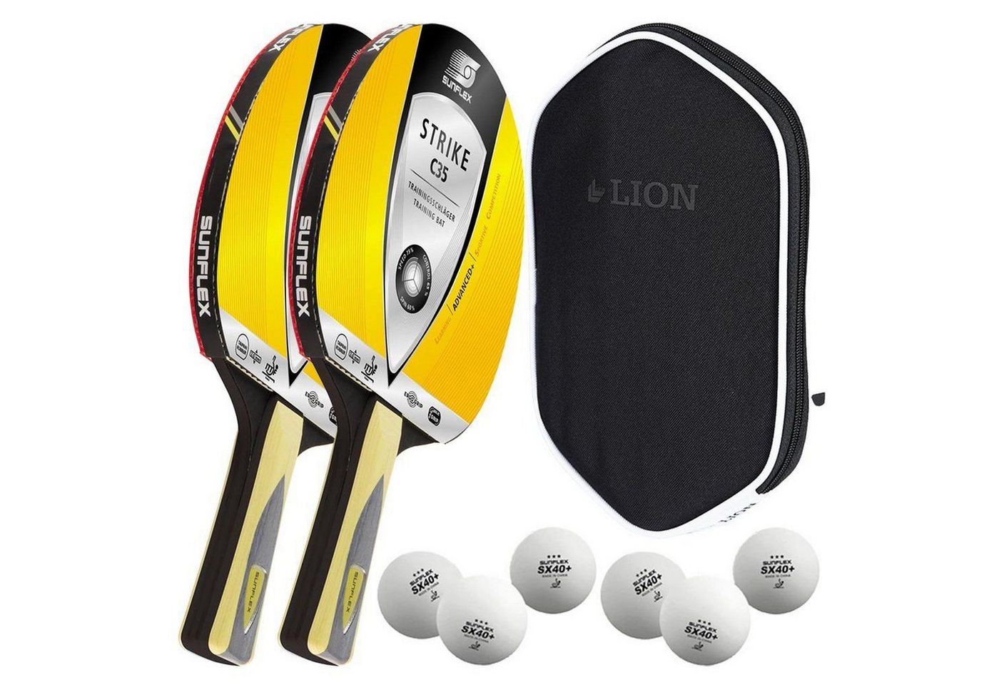 Sunflex Tischtennisschläger 2x Strike C35 + Tischtennishülle + 6x SX+ Bälle, Tischtennis Schläger Set Tischtennisset Table Tennis Bat Racket Sunflex Tischtennisschläger 2x Strike C35 + Tischtennishülle + 6x SX+ Bälle, Tischtennis Schläger Set Tischtennisset Table Tennis Bat Racket von Sunflex
