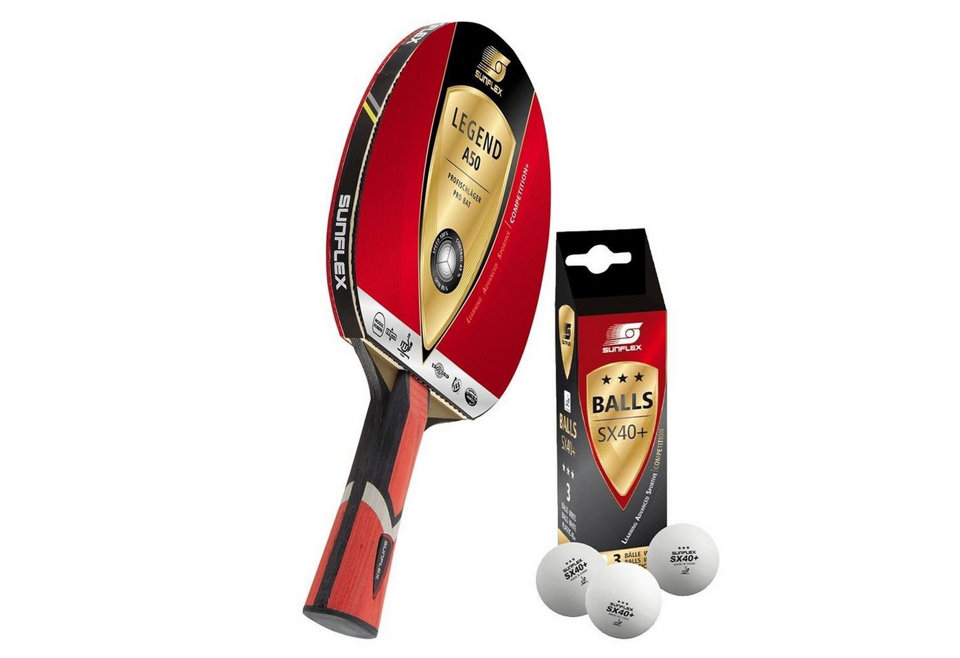 Sunflex Tischtennisschläger Legend A50 + 3x SX+ Bälle, Tischtennis Schläger Set Tischtennisset Table Tennis Bat Racket Sunflex Tischtennisschläger Legend A50 + 3x SX+ Bälle, Tischtennis Schläger Set Tischtennisset Table Tennis Bat Racket von Sunflex