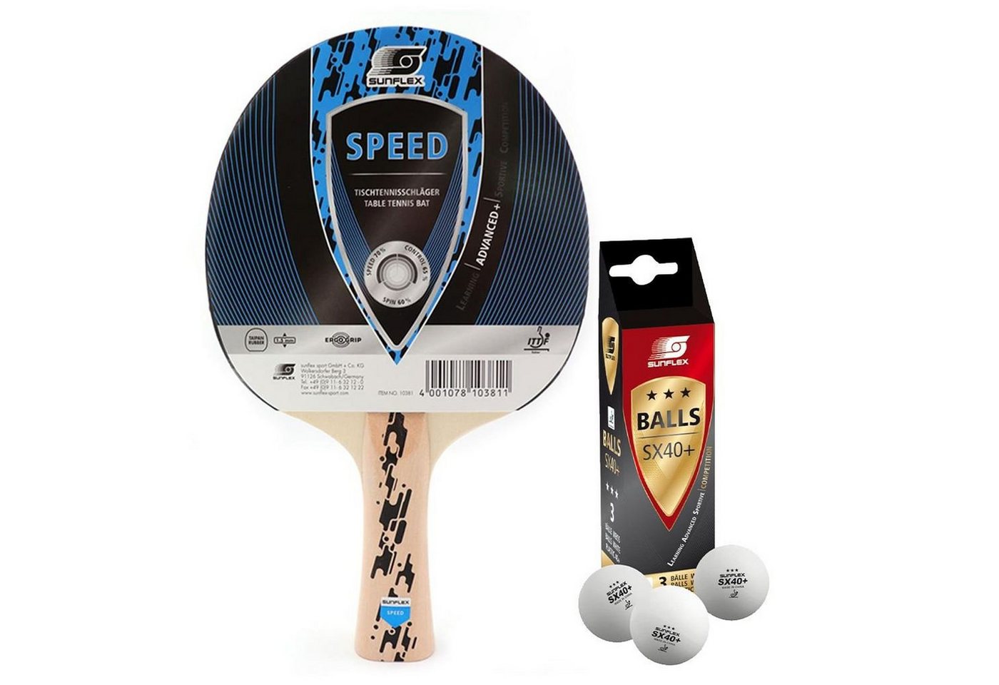 Sunflex Tischtennisschläger Speed + 3x SX+ Bälle, Tischtennis Schläger Set Tischtennisset Table Tennis Bat Racket Sunflex Tischtennisschläger Speed + 3x SX+ Bälle, Tischtennis Schläger Set Tischtennisset Table Tennis Bat Racket von Sunflex